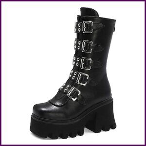 Platform Combat Boots Studded Buckle Back Zipper Chunky Heel Waterproof